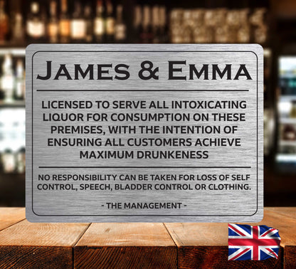 Personalised Brushed Aluminium Bar Pub Man Cave Sign - Joke License - British Style