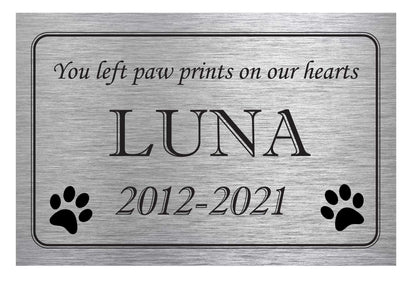 Pet Memorial Plaque - Paw Prints on our Hearts - Personalized Grave Marker in Brushed Aluminum for Outdoor Use