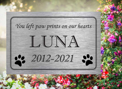 Pet Memorial Plaque - Paw Prints on our Hearts - Personalized Grave Marker in Brushed Aluminum for Outdoor Use