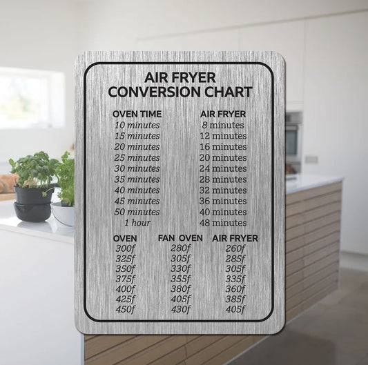 Air Fryer Conversion Chart - Metal Sign - Cooking Times Temp Oven Kitchen - Fahrenheit